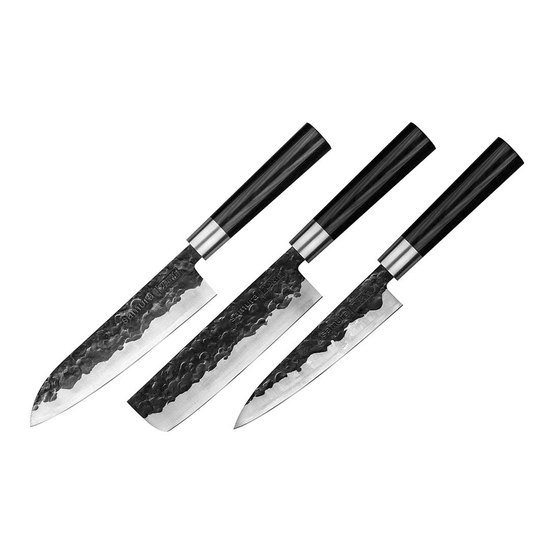 Samura BLACKSMITH Set of 3 kitchen knives: Utility knife, Nakiri knife, Santoku knife - Prime Gourmet Online