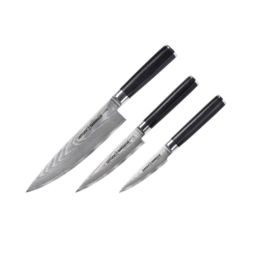 Samura DAMASCUS Set of 3 kitchen knives in a gift box: Paring knife, Utility knife, Chef's knife - Prime Gourmet Online